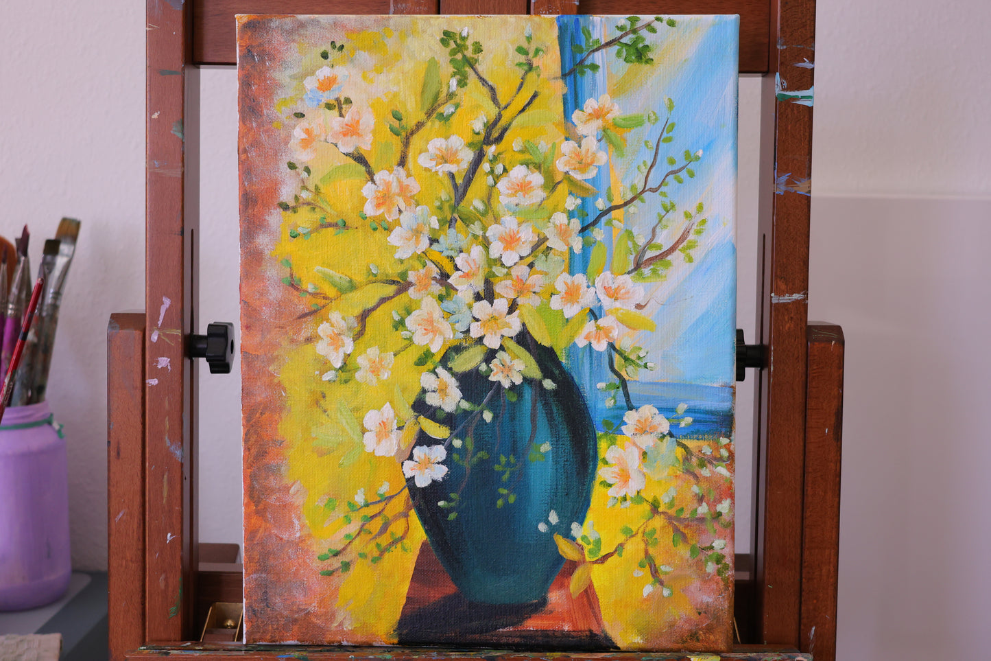 Flowers Painting with Vase Spring Blossoms Original Oil Painting on 11x14 Stretched Canvas