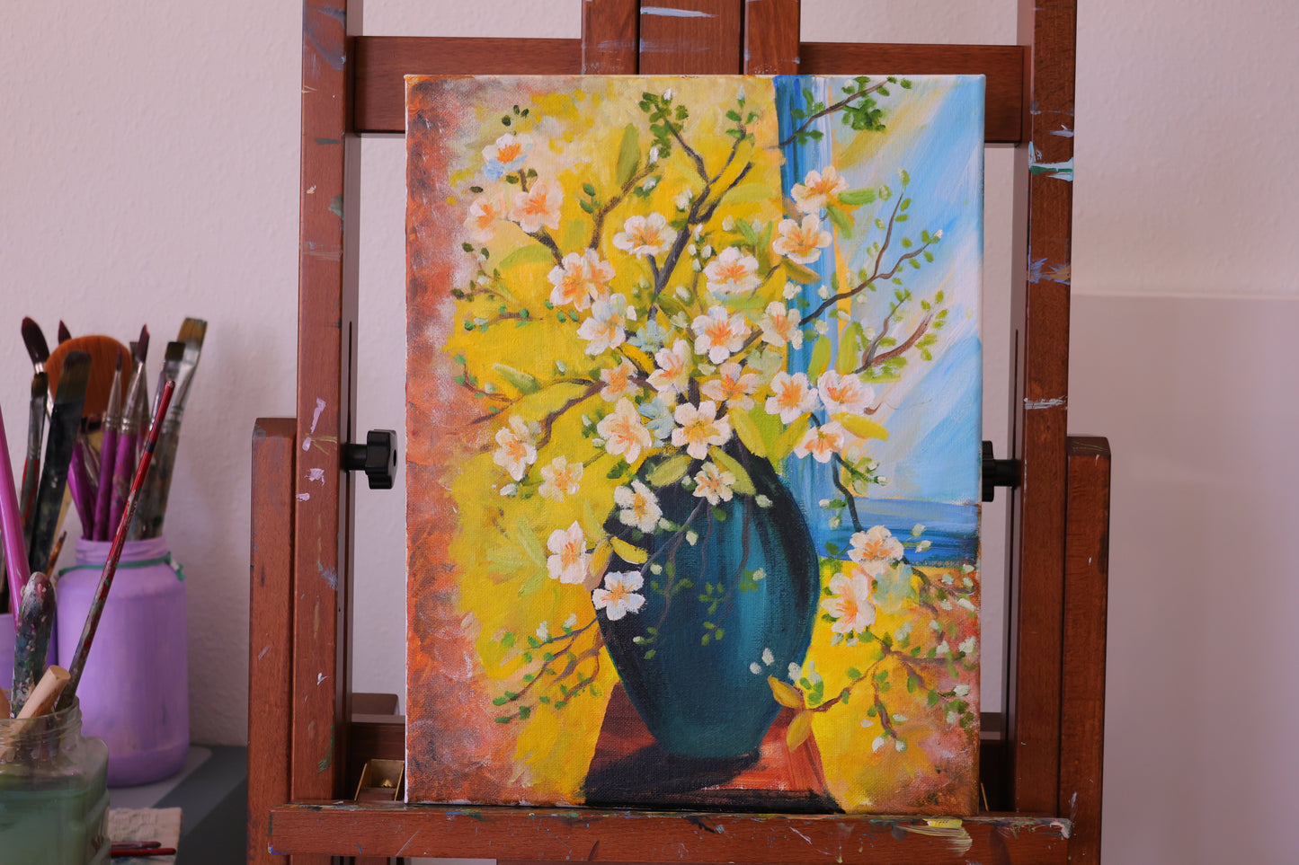Flowers Painting with Vase Spring Blossoms Original Oil Painting on 11x14 Stretched Canvas