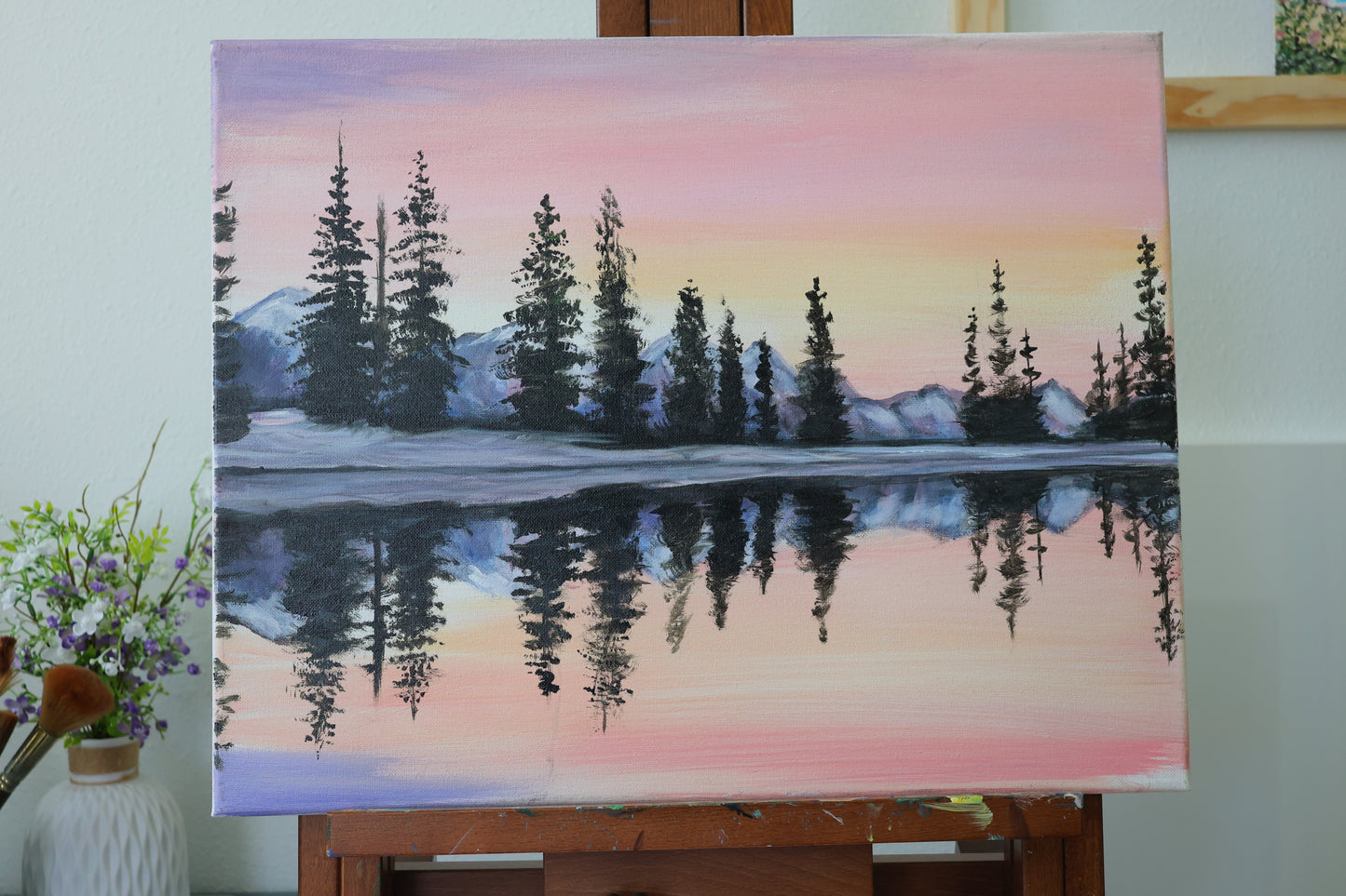 Trees reflection landscape Original Acrylic Painting 18x24 Stretched Canvas