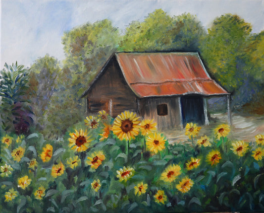 Barn with Sunflowers Field Original Oil Painting on 16x20 Stretched Canvas