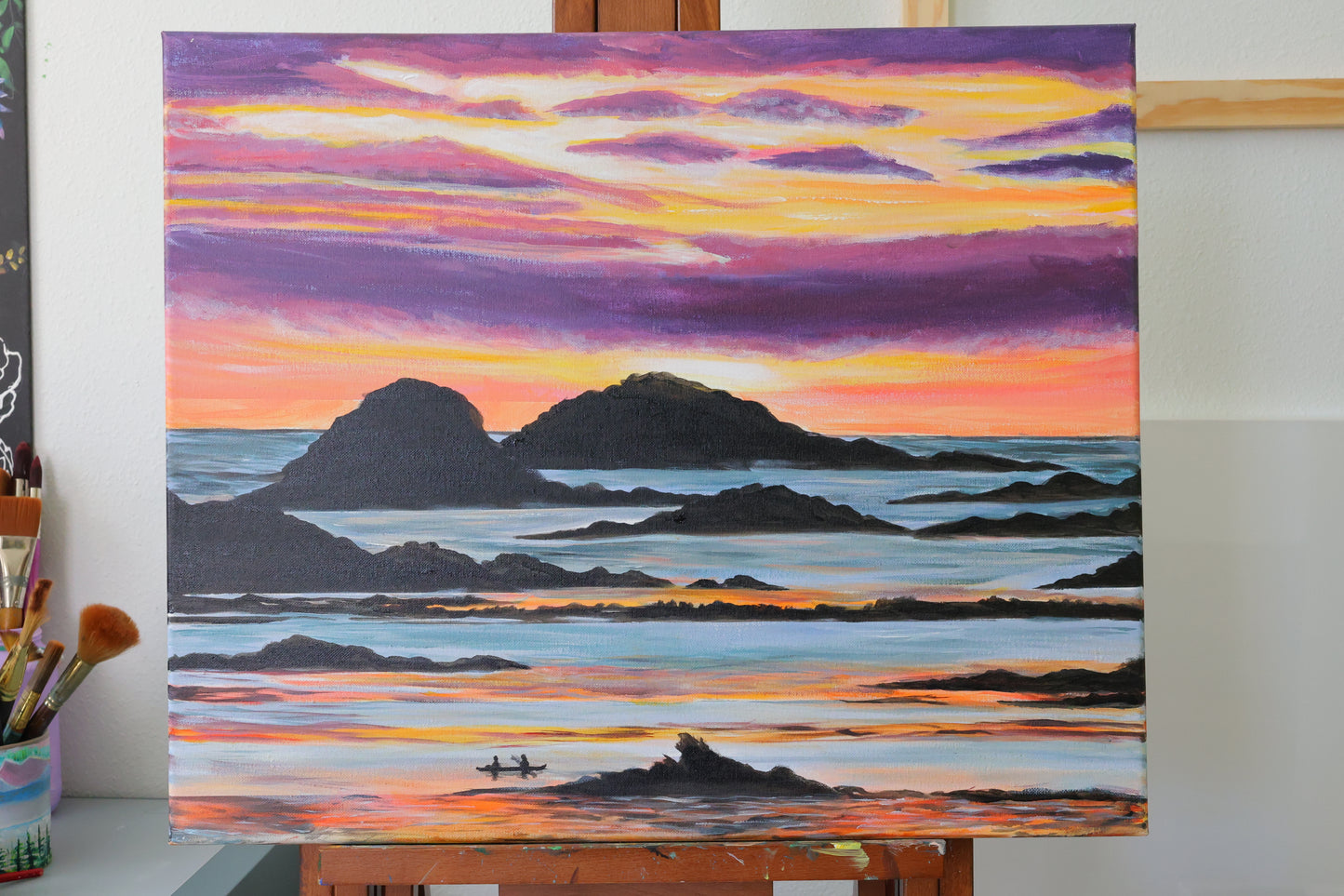 Original Sunset Ocean Cliff view painting in Acrylic on 20x24 Canvas