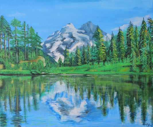 Nature and Mountain Reflection Original Acrylic Painting on 20x24 Stretched Canvas