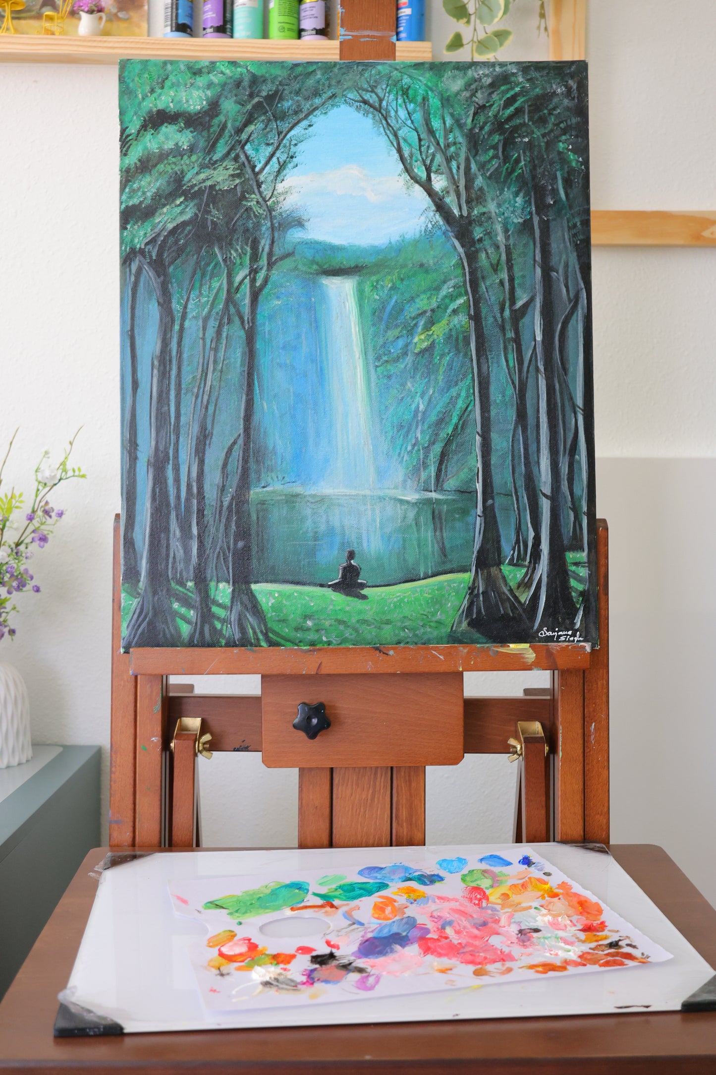 Peaceful Meditation in Serene Nature Original Acrylic Painting on 16x20 Canvas Panel