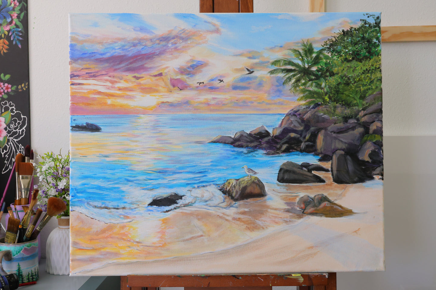 Sunrise on the beach Original acrylic painting on 20x24 Stretched Canvas