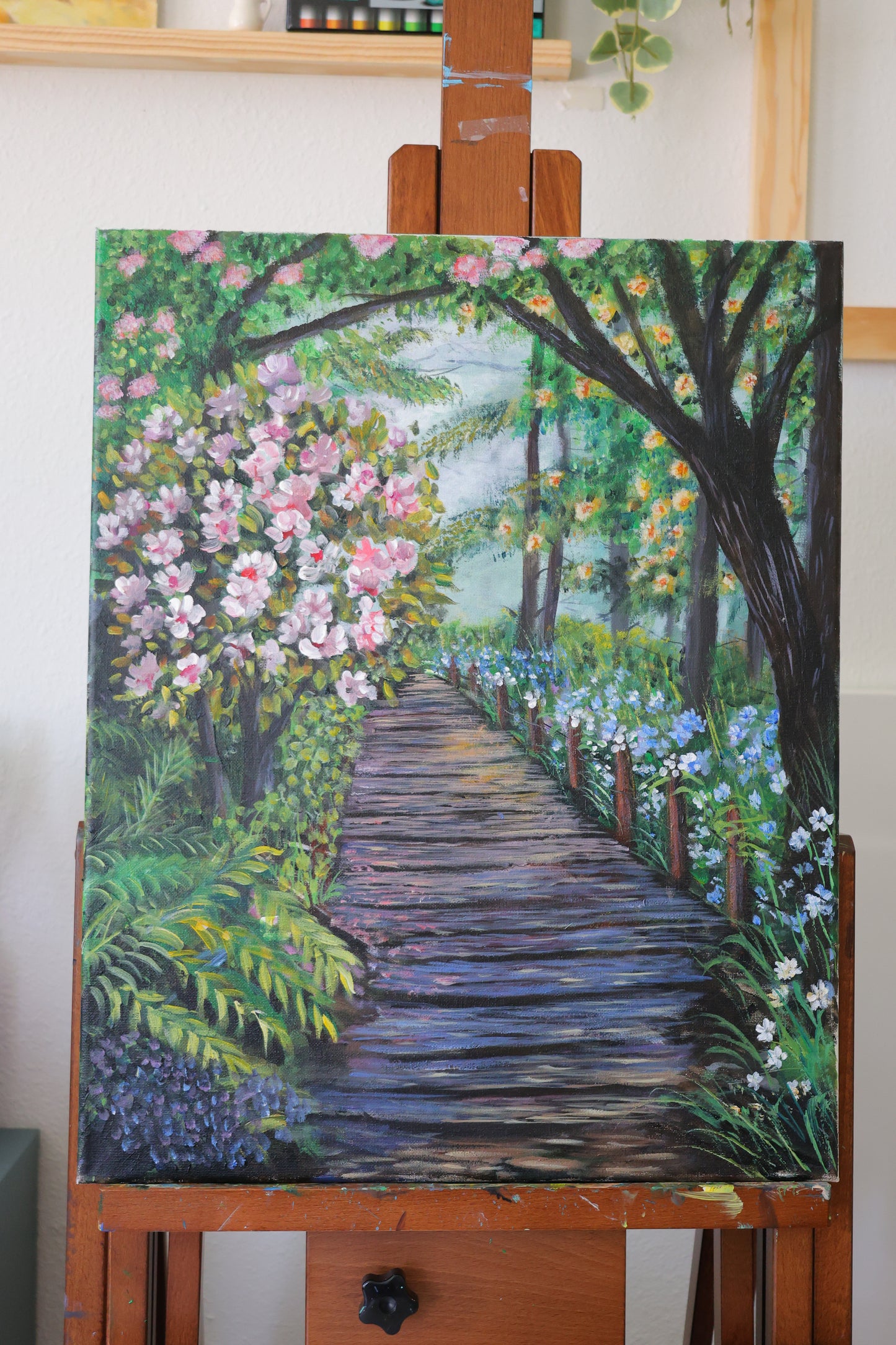 Spring Blossoms Pathway Original Acrylic Painting on 16x20 Stretched Canvas