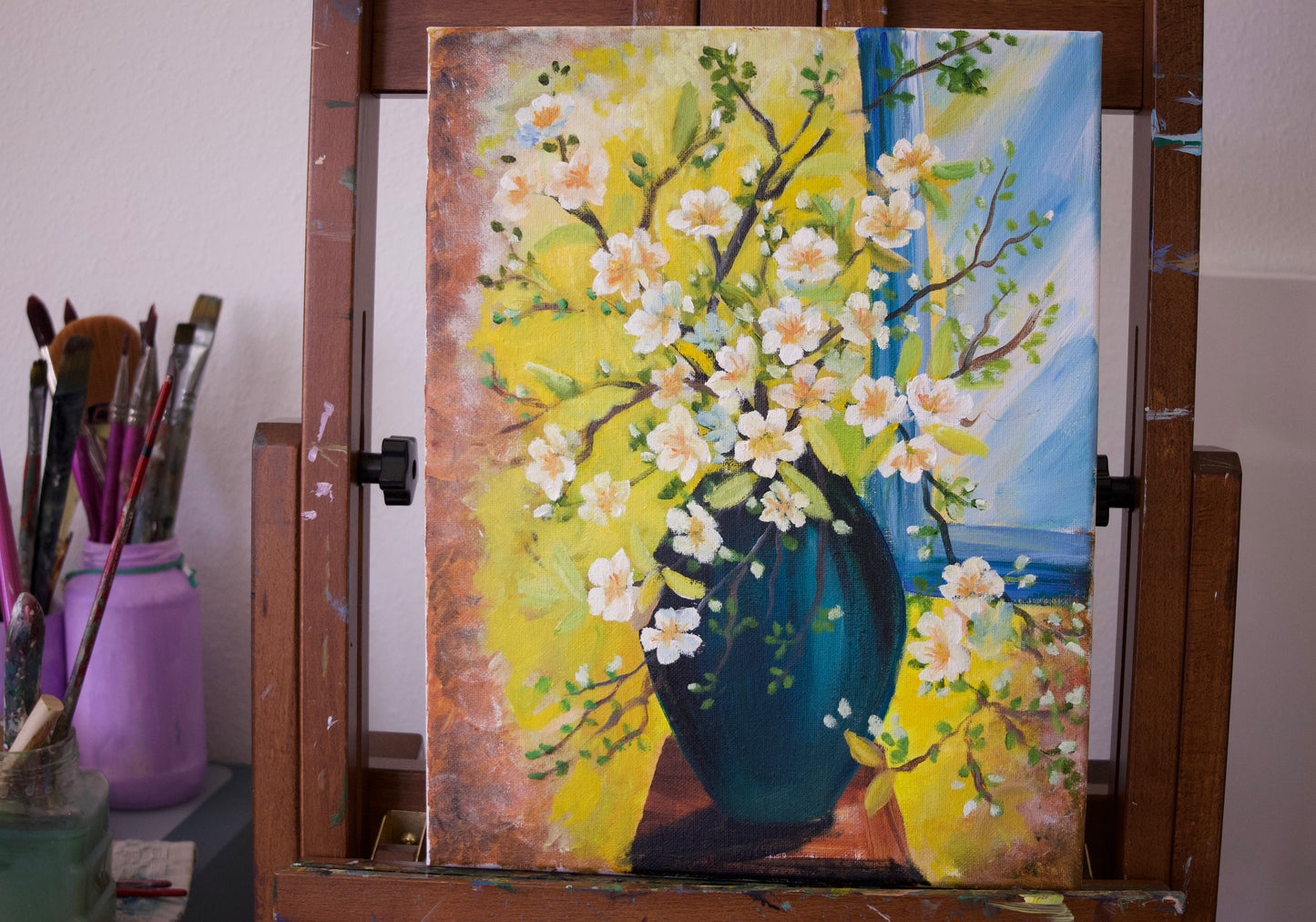 Flowers Painting with Vase Spring Blossoms Original Oil Painting on 11x14 Stretched Canvas