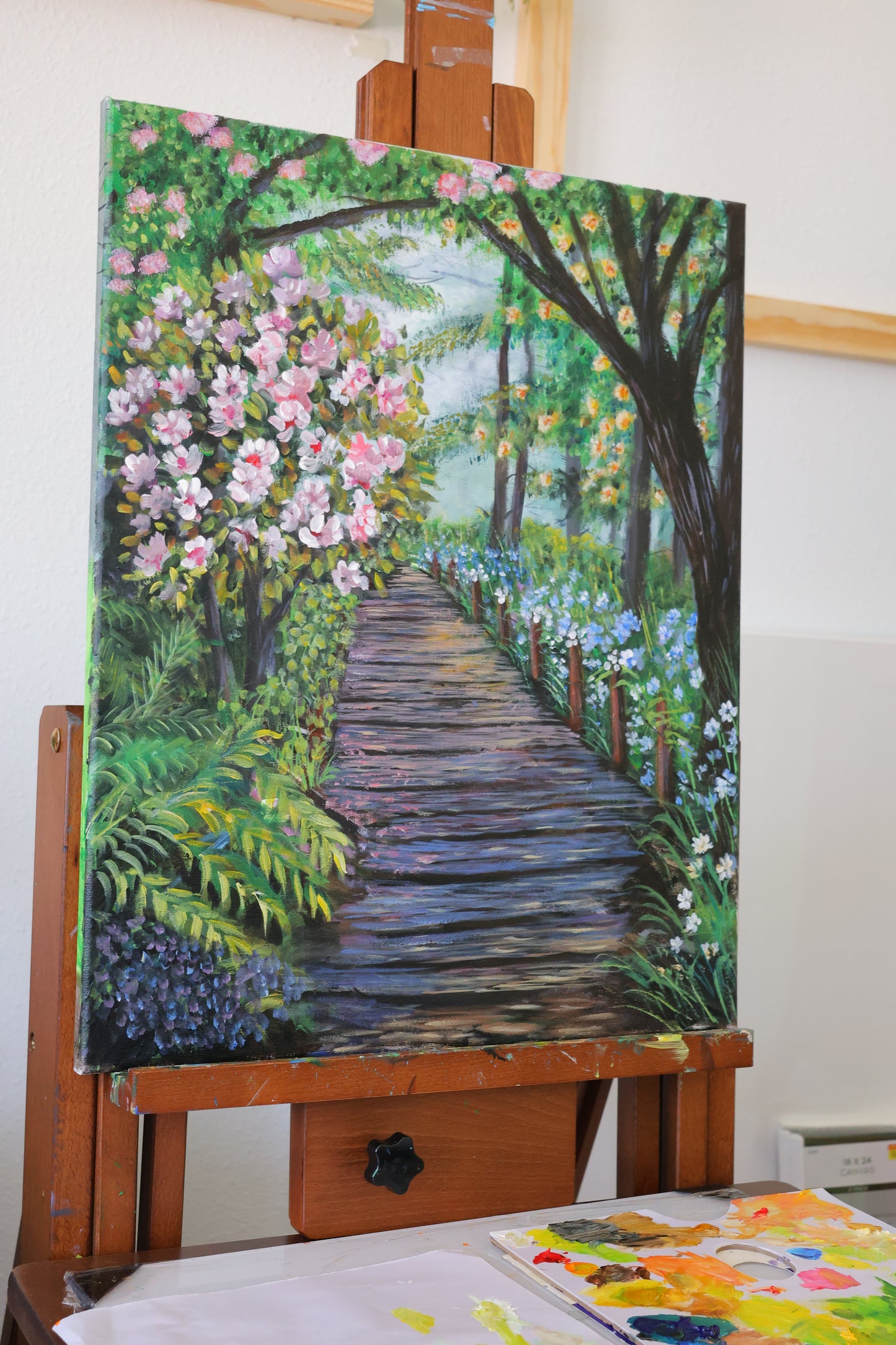 Spring Blossoms Pathway Original Acrylic Painting on 16x20 Stretched Canvas