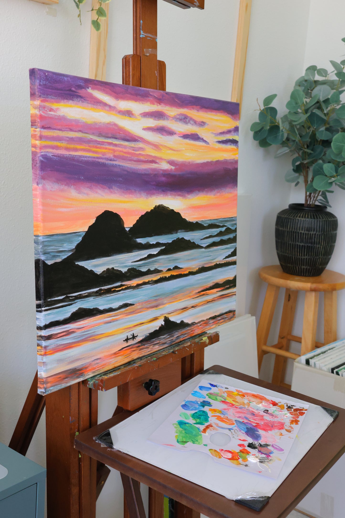 Original Sunset Ocean Cliff view painting in Acrylic on 20x24 Canvas