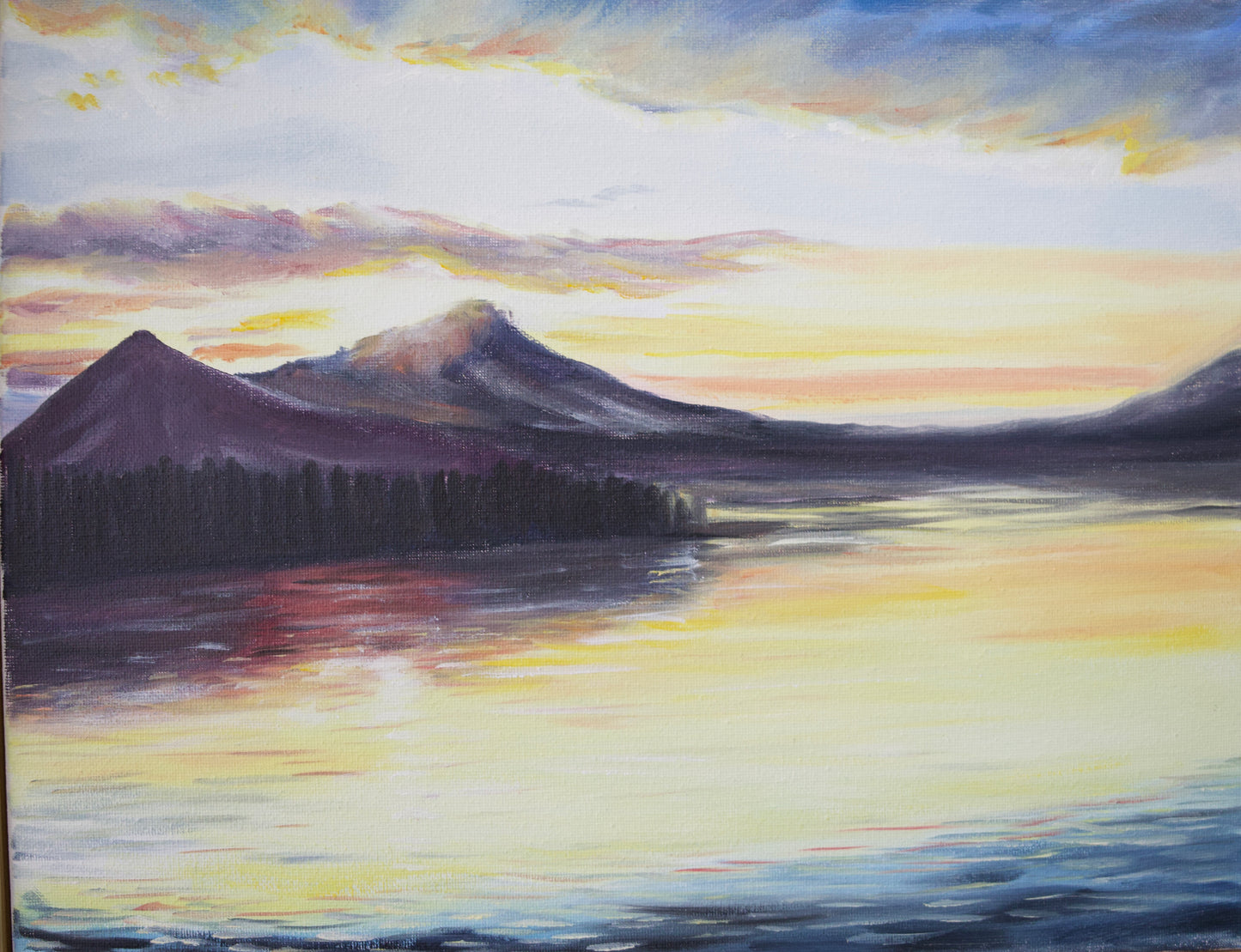 Sunset View by the Mountain and lake Original Acrylic Painting on 11x14 Stretched Canvas