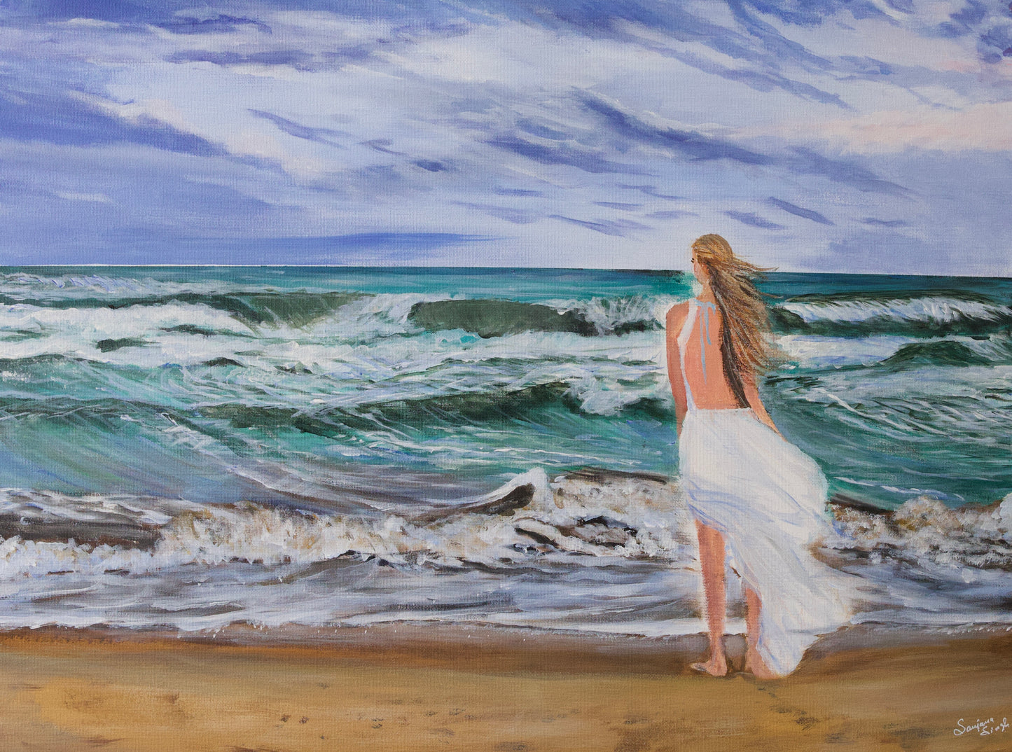 Woman Standing by the beach Original Acrylic Painting on 18x24 Stretched Canvas