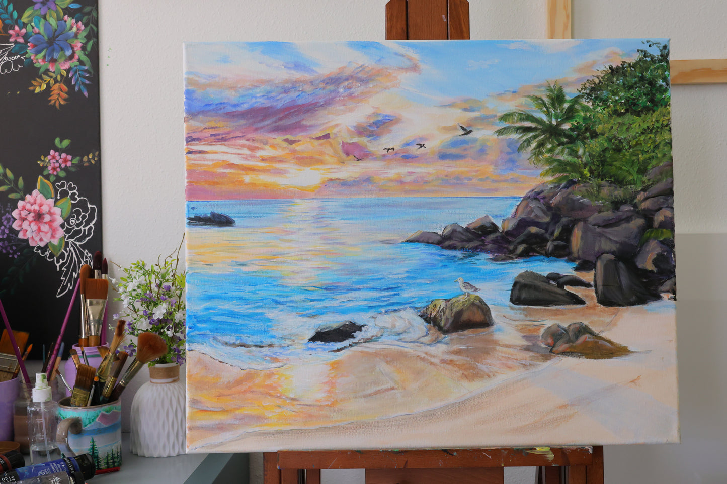 Sunrise on the beach Original acrylic painting on 20x24 Stretched Canvas