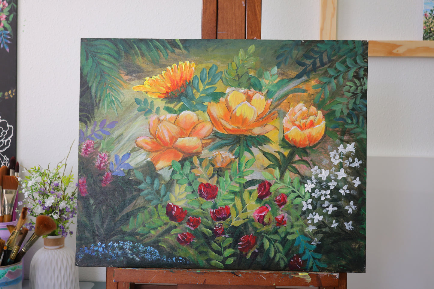 Beautiful Flowers Painting with light effect Original Acrylic Painting on 16x20 Canvas Panel