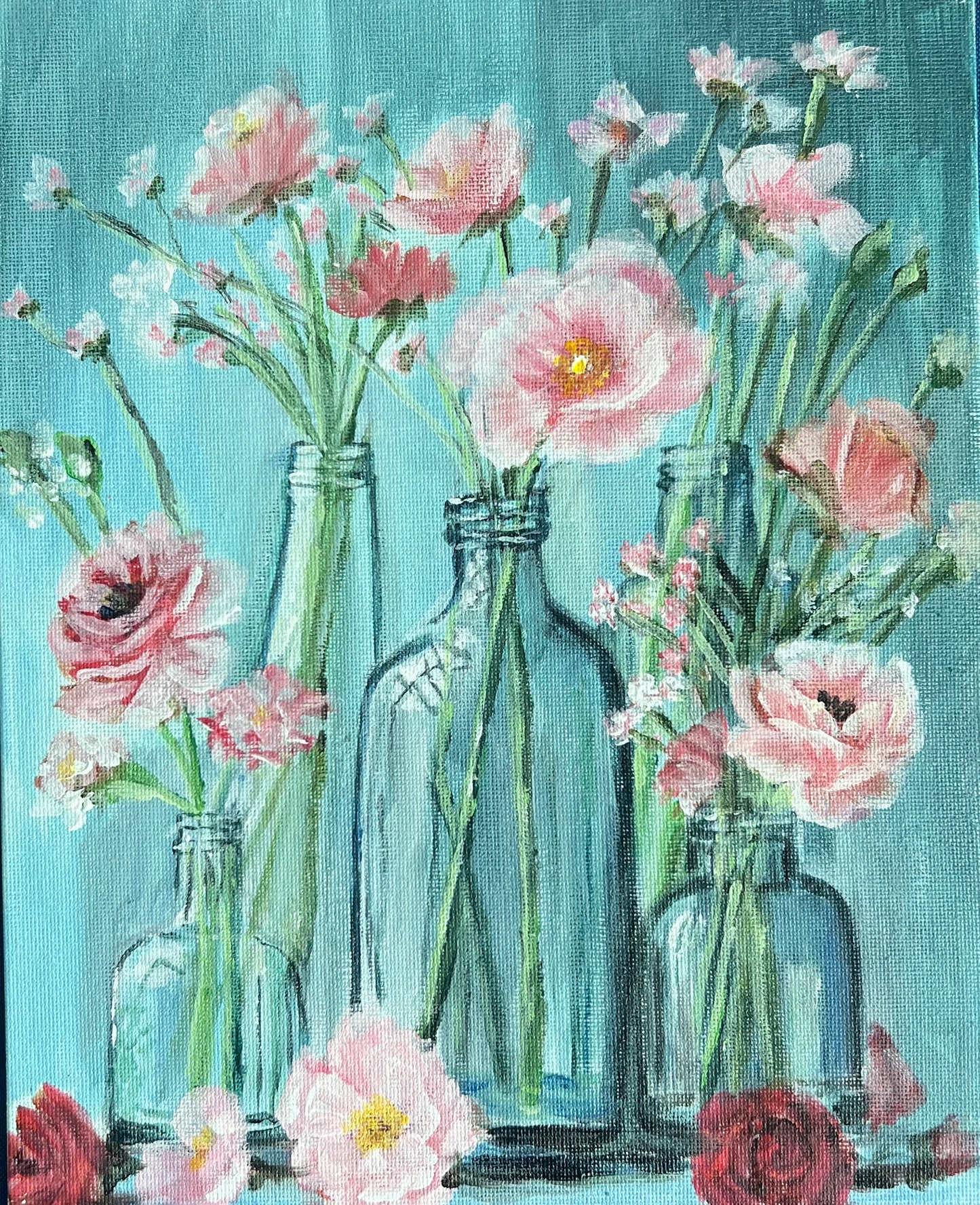 Flowers in glass Vases Original Acrylic Painting on 8x10 Canvas Panel