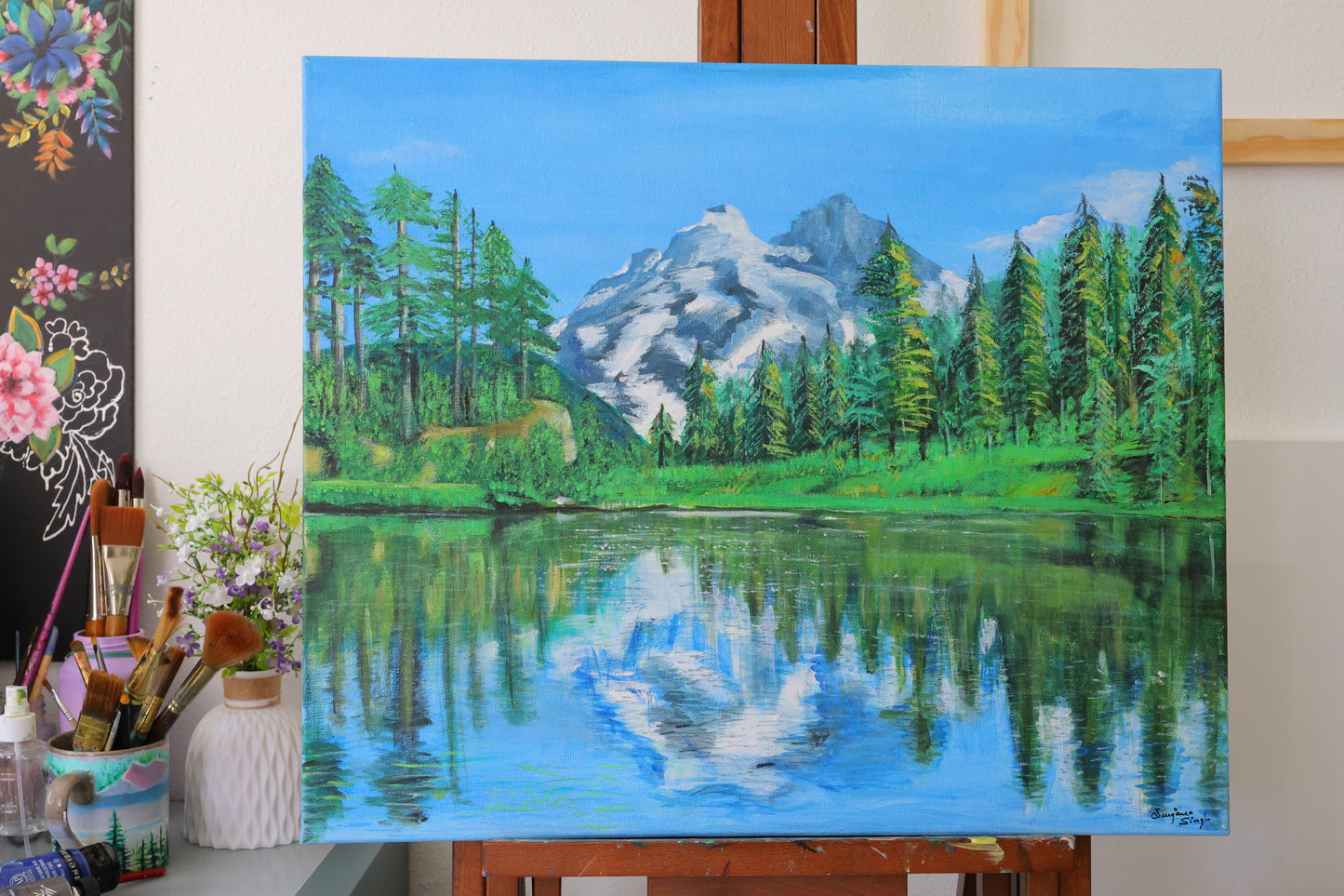 Nature and Mountain Reflection Original Acrylic Painting on 20x24 Stretched Canvas