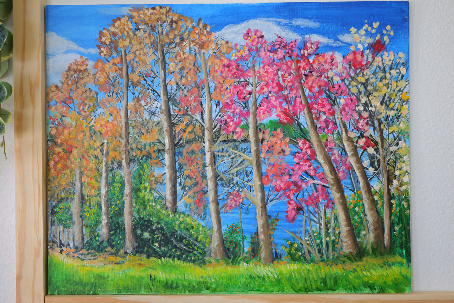 Fall beauty by the lake Original mixed media Painting with Acrylic and Oil on 16x20 Canvas Panel