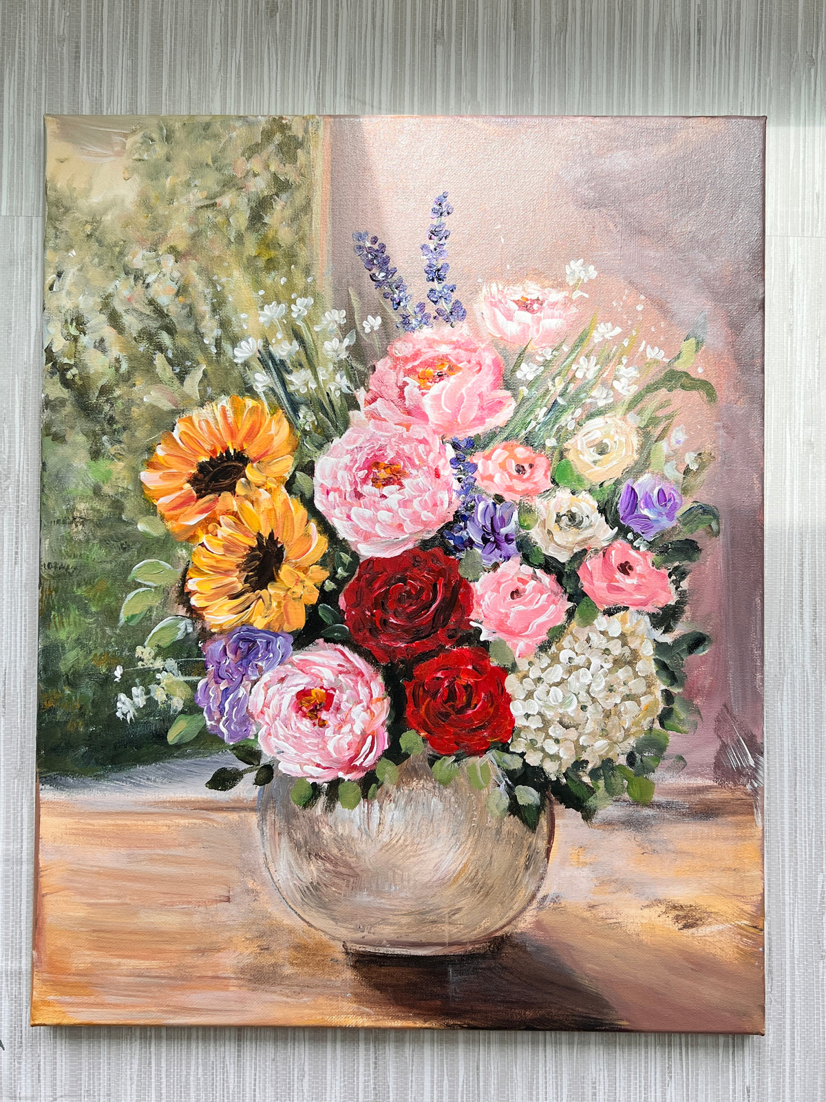 Flowers with vase acrylic painting 16x20 stretched canvas original painting