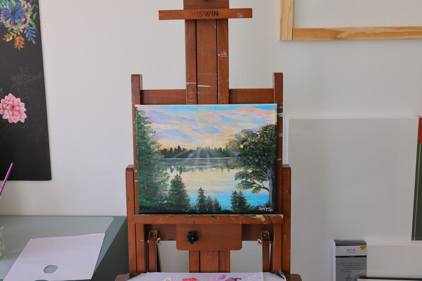 Sunrise by the lake Original Acrylic Painting on 11x14 Stretched Canvas