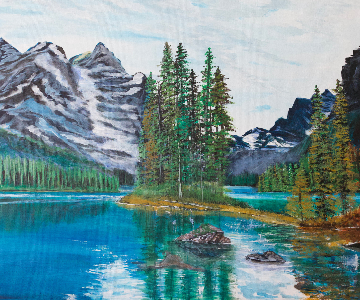 Beautiful Mountains by the River Original Acrylic Painting on 20x24 Stretched Canvas