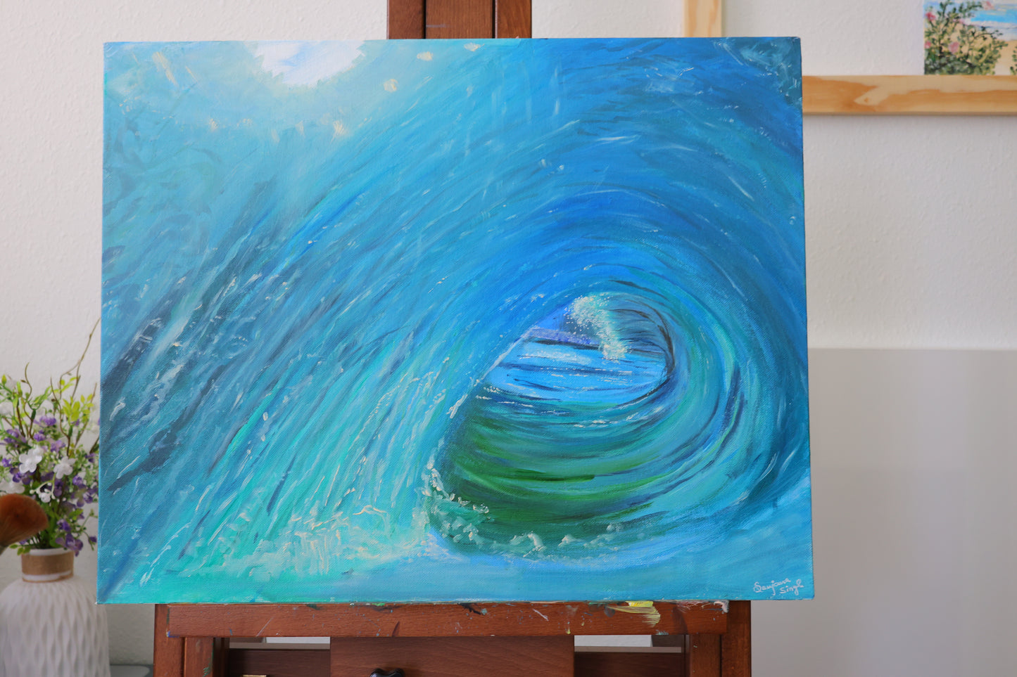 Ocean Wave Original Mixed Media Painting Acrylic and Oil on 16x20 Canvas Panel