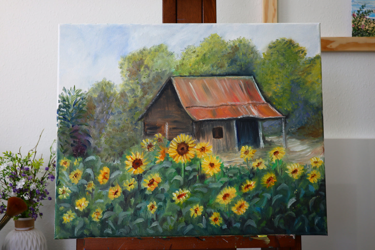 Barn with Sunflowers Field Original Oil Painting on 16x20 Stretched Canvas