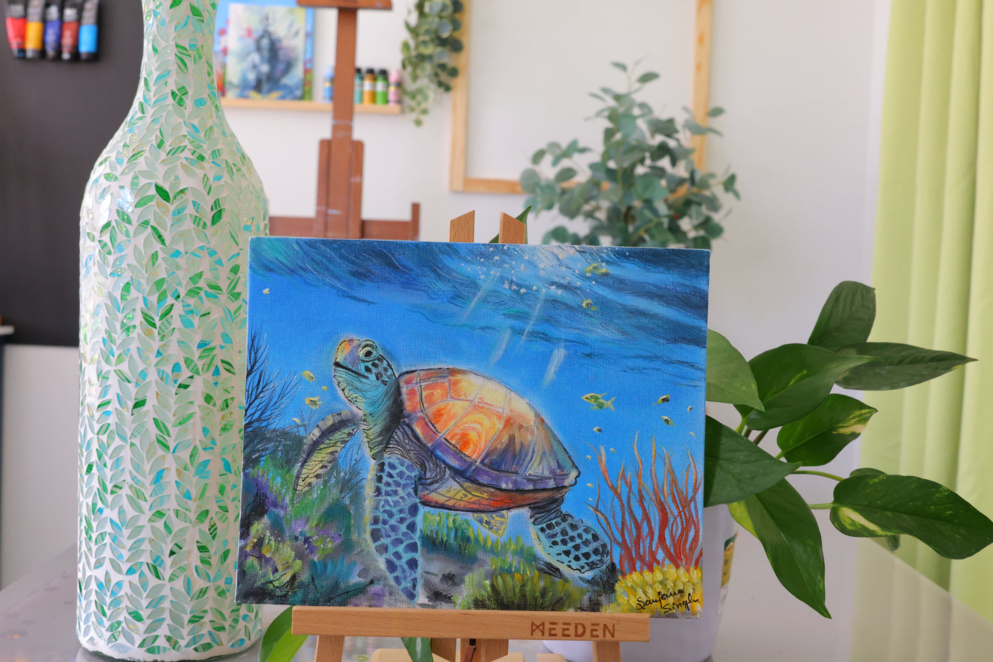Underwater Turtle Original Oil Painting on 8x10 Canvas Panel