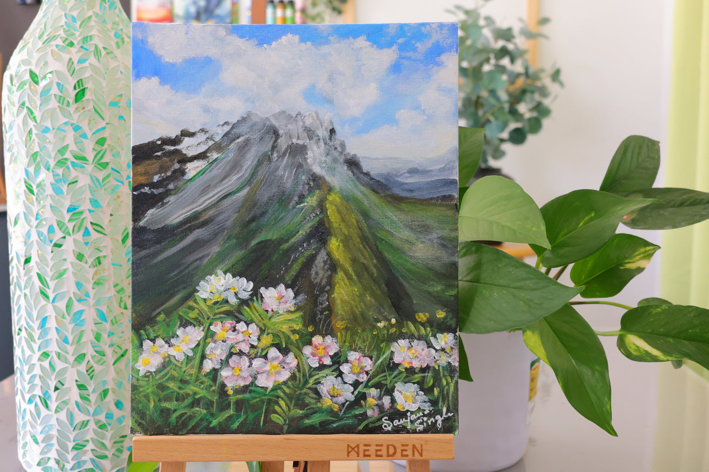 Mountains and Flowers Original Acrylic Painting on 8x10 Canvas Panel