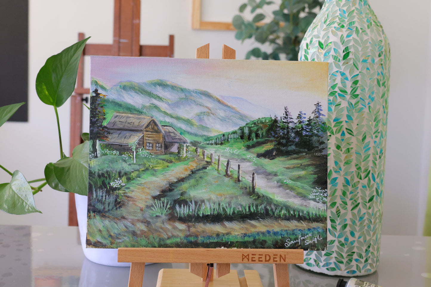 Barn by the mountain painting Original Acrylic Painting on 8x10 Canvas Panel