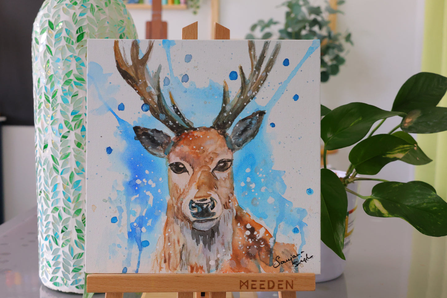 Reindeer Painting Original Acrylic Painting on 8x10 Canvas Panel