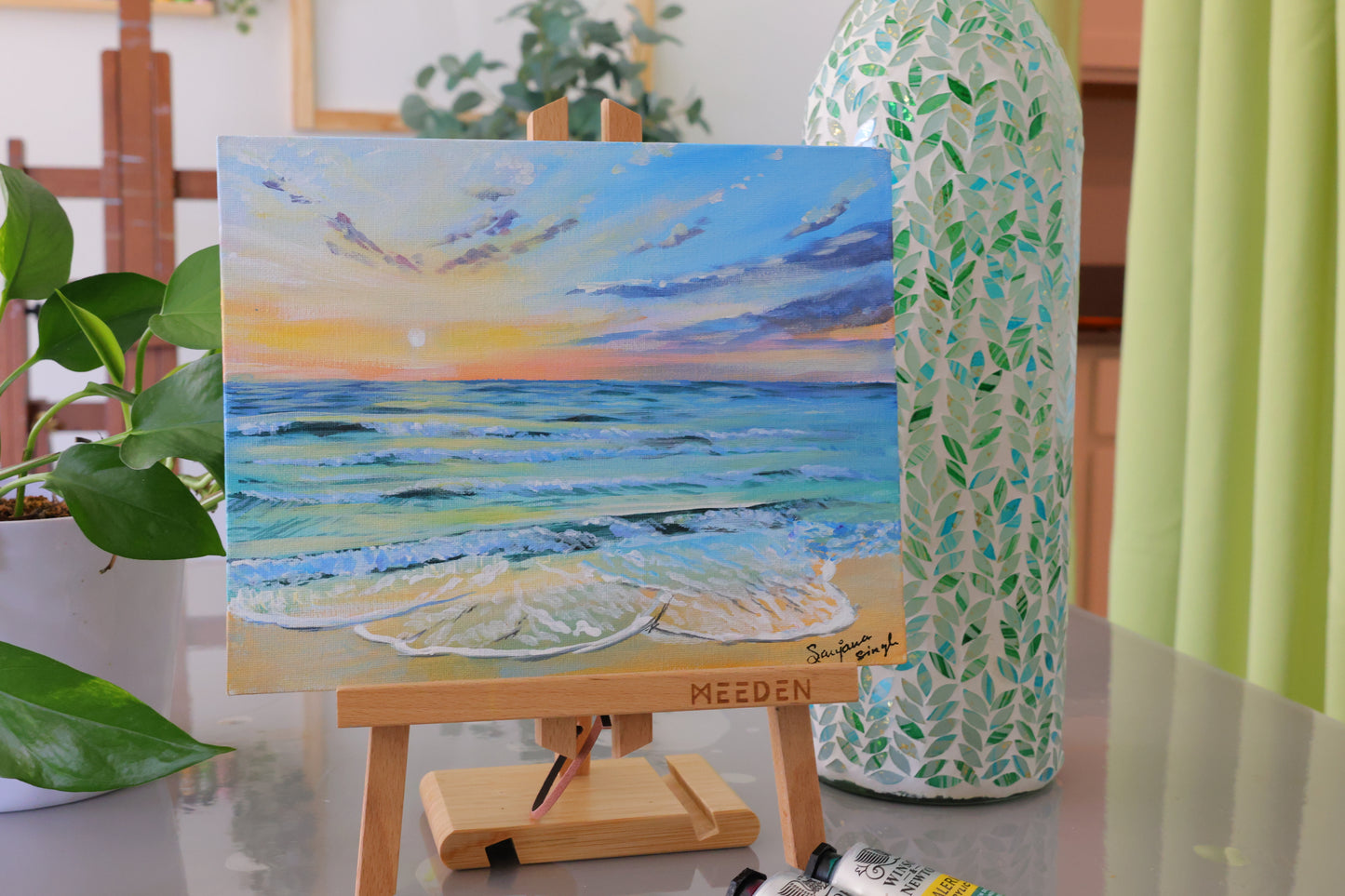 Sunset and the beach Original Acrylic Painting on 8x10 Canvas Panel