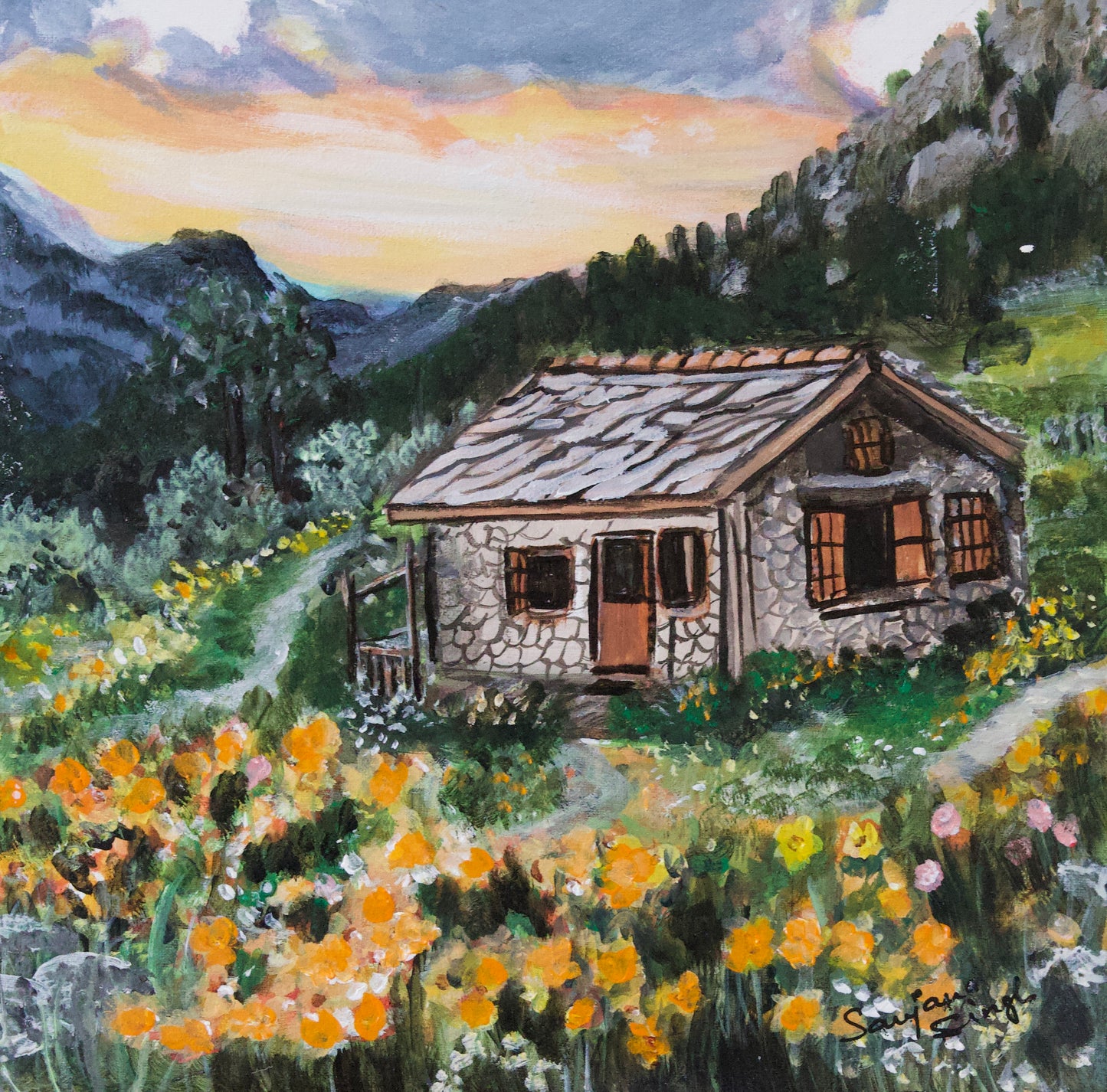 Barn and Sunset Original Acrylic Painting on 8x10 Canvas Panel