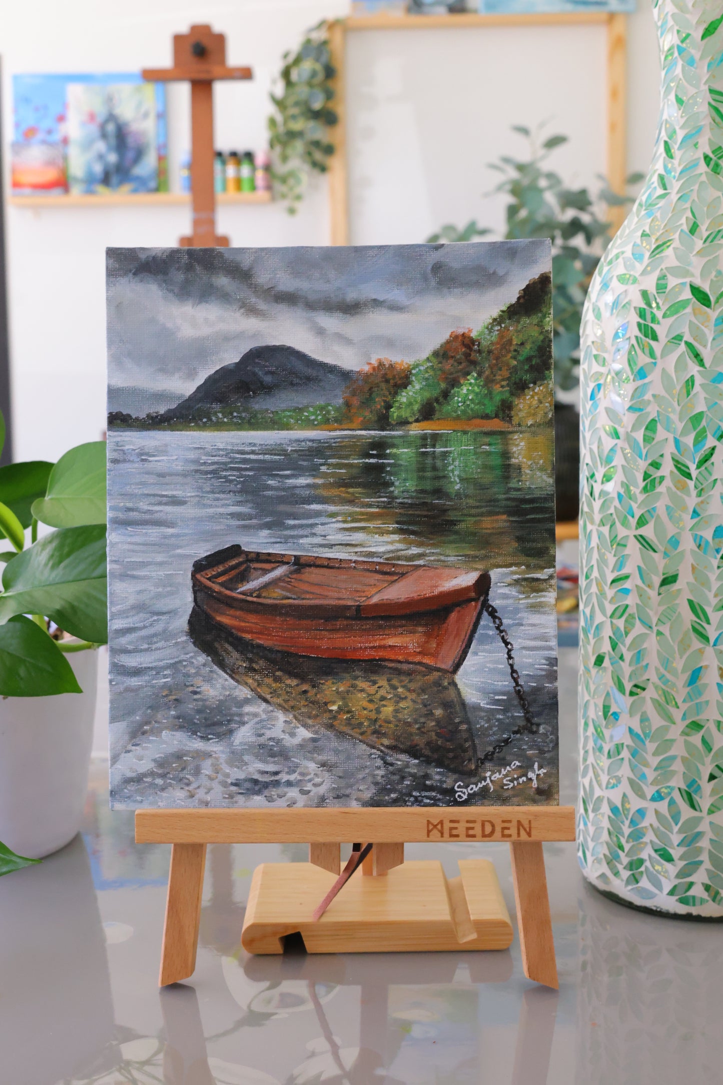 Peaceful Boat by the river Original Acrylic Painting on 8x10 Canvas Panel