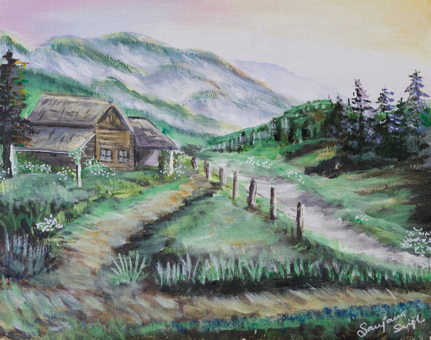 Barn by the mountain painting Original Acrylic Painting on 8x10 Canvas Panel