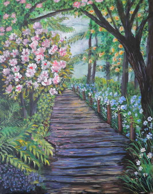 Spring Blossoms Pathway Original Acrylic Painting on 16x20 Stretched Canvas