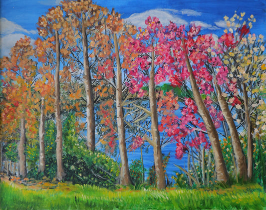 Fall beauty by the lake Original mixed media Painting  with Acrylic and Oil on 16x20 Canvas Panel