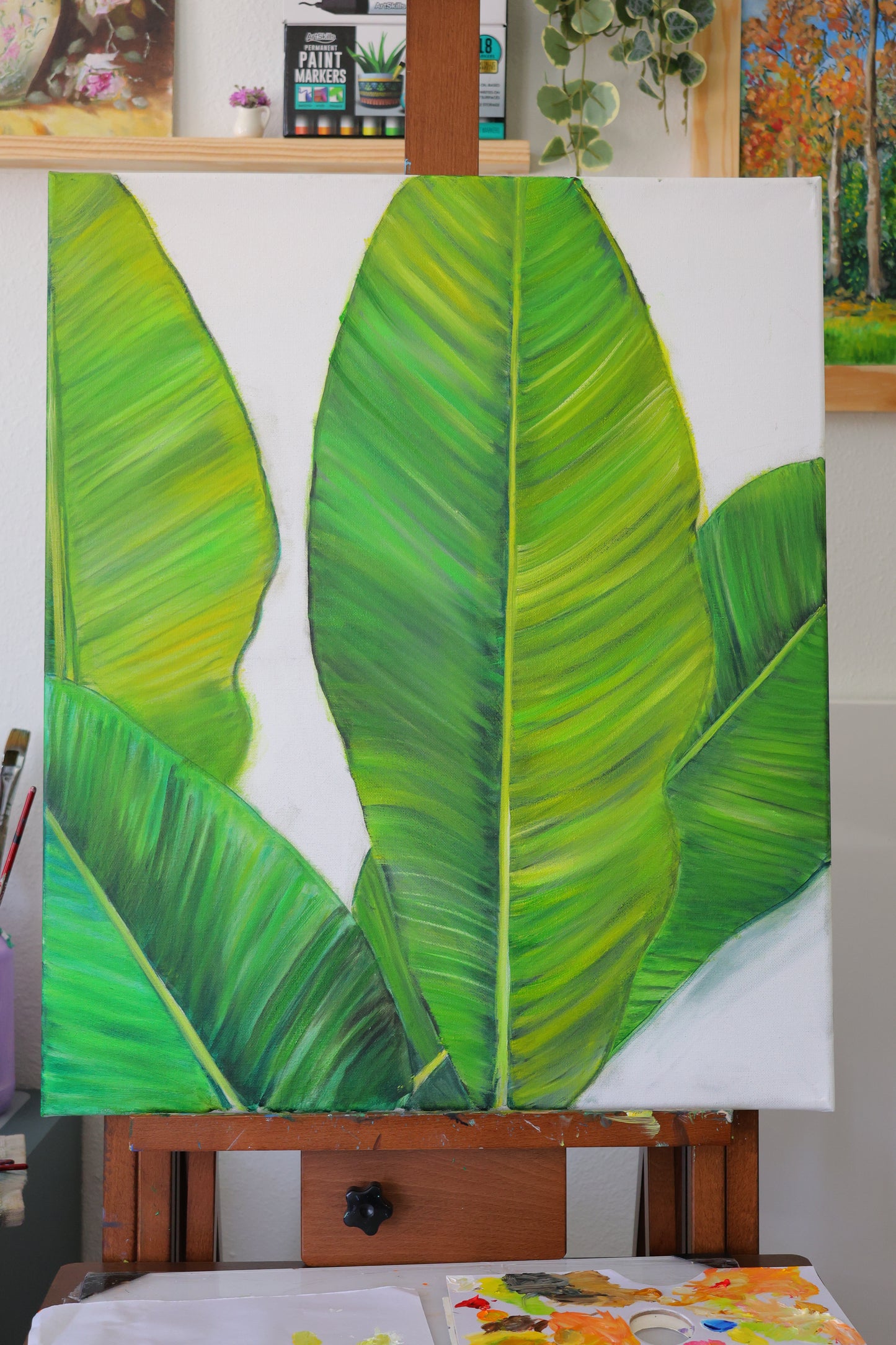Banana Leaves Original Oil Painting  on 20x24 Canvas Panel