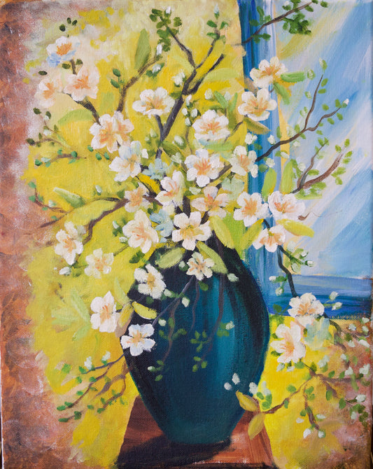 Flowers Painting with Vase Spring Blossoms Original Oil Painting  on 11x14 Stretched Canvas